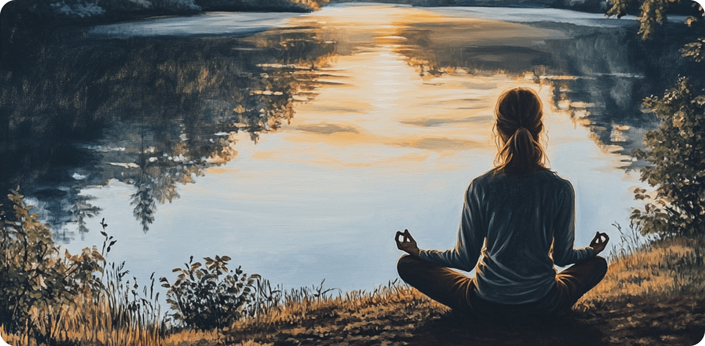 person by lake meditating